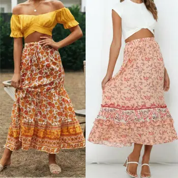 

2020 Fashion Women Ladies High Waist Floral Printed Skirts Ladies Summer Casual Party Maxi Dress Sundress