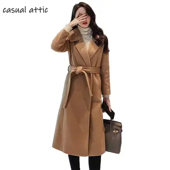 

Wool Blends Long Autumn Winter Coat Slim Warm Turn-down Collar Adjustable Belt 2019 Women Office Work Wool Coats