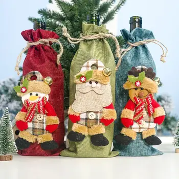 

Xmas Santa Deer Drawstring Wine Bottle Cover Champagne Bag Holiday Party Decor
