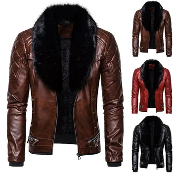 

2019 hot products Men's Leather Vintage Steam Pocket Zipper Fur Collar Punk Gothic Retro Coat Dropshipping free shipping Woman