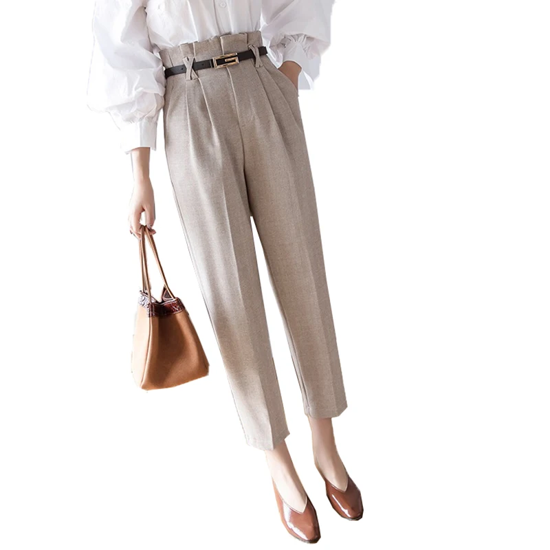 

Pencil Pants Small Feet Pants High Waist Bud Nine Pants Women Spring Autumn Slim-fit Cotton Linen Pants Matching Belt A858