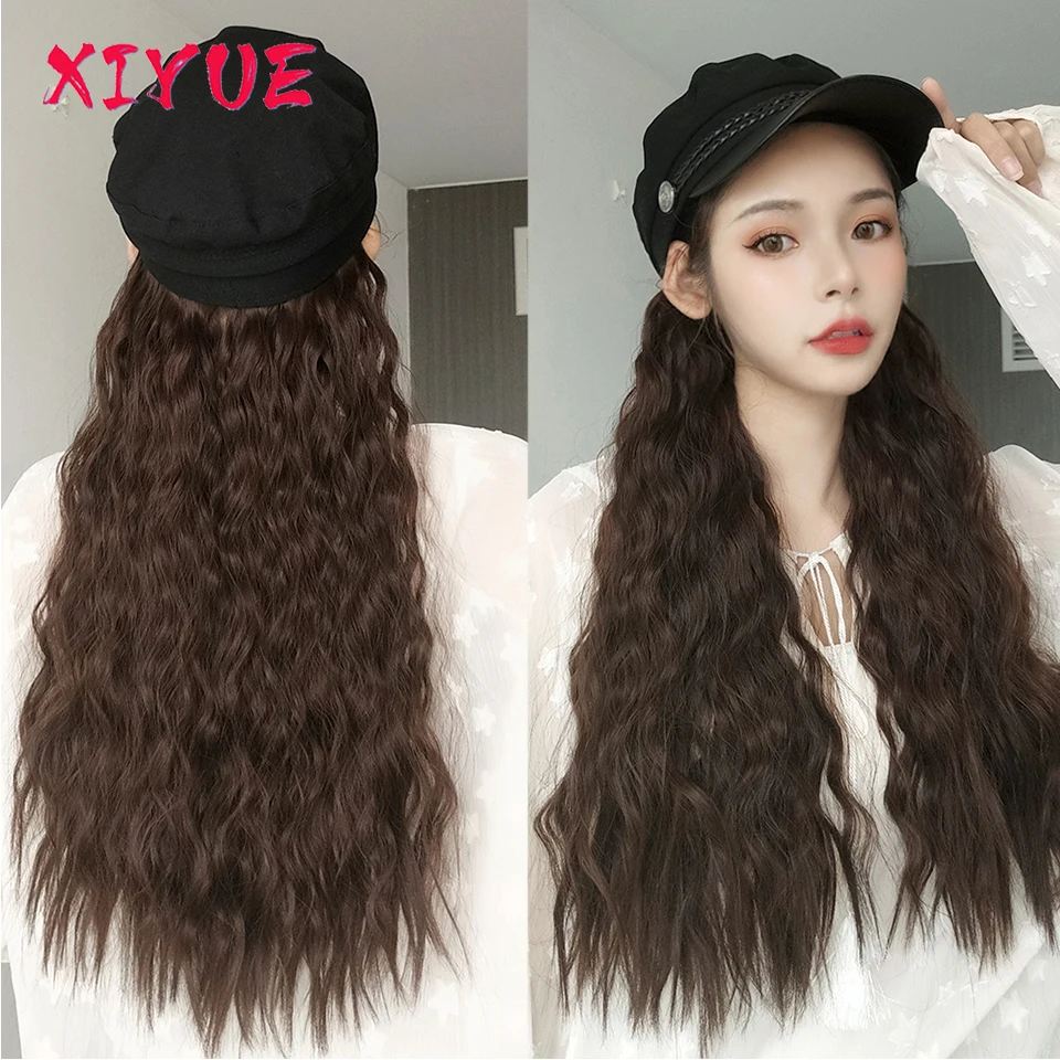 Xiyue Long Curly Wigs With Hat Synthetic Natural Fake Hair Women