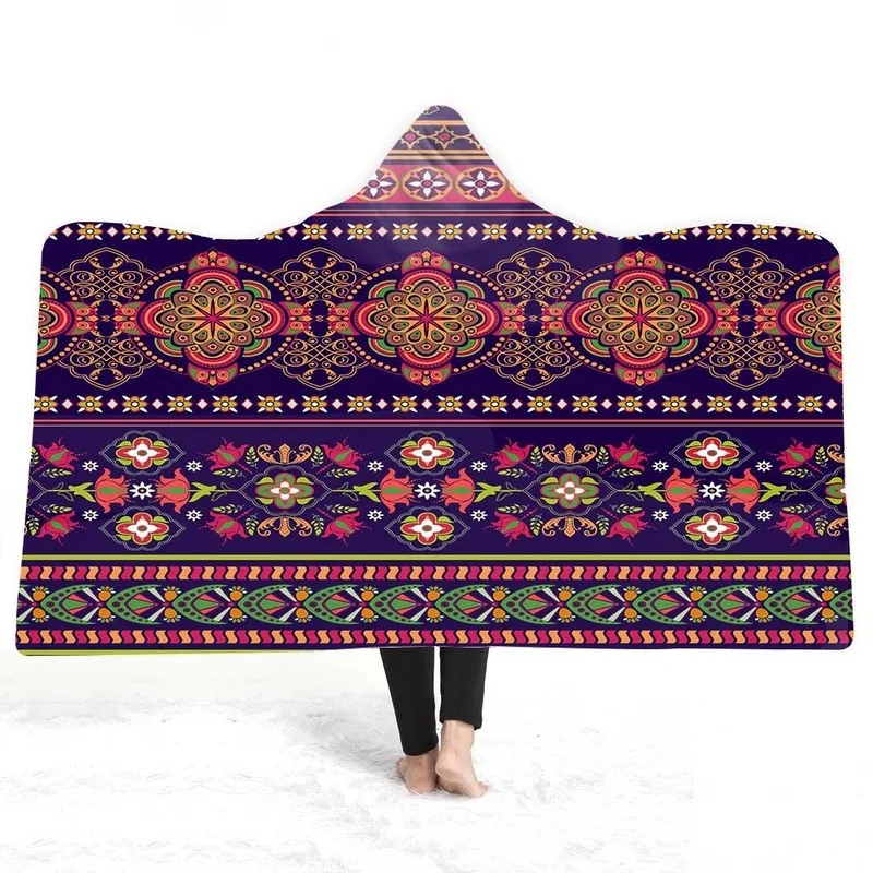 

Russian Style Vintage Pattern Hooded Blanket for Adult Kids Mandala Blanket Thick Warm Hat Soft Sherpa Throw Blanket To Sofa