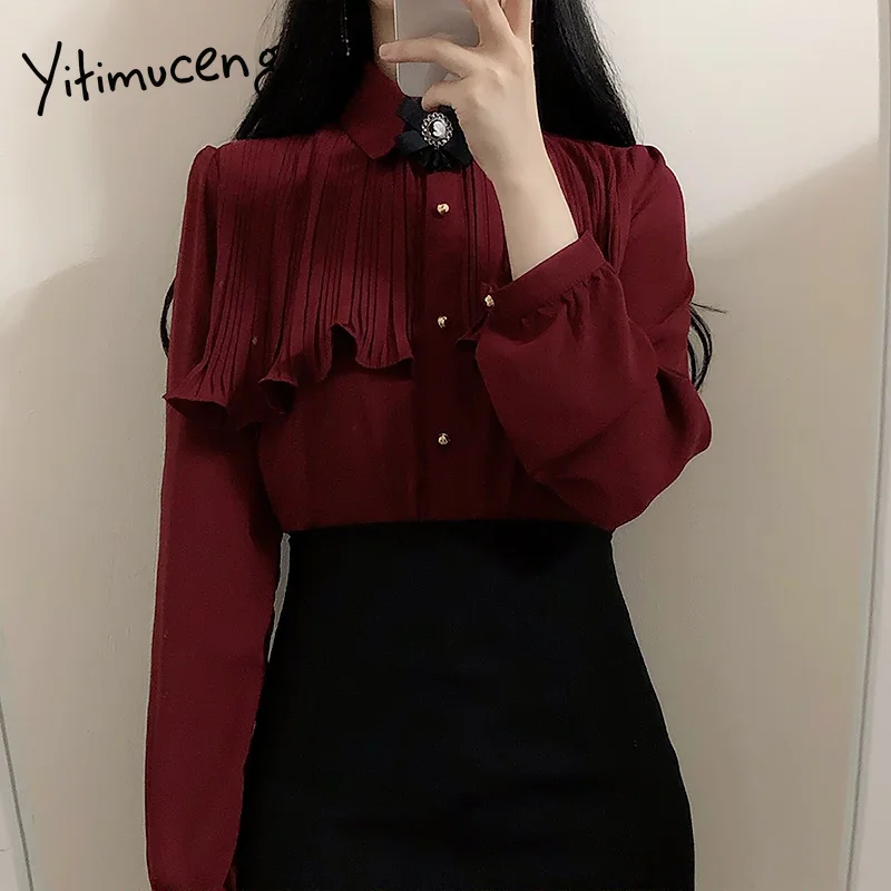 Burgundy Women Blouses Long Sleeve 