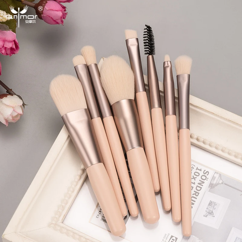 ANMOR 8Pcs Short Handle Makeup Brush Set Highlighter Eyeshadow Blending Eyelashes Eyebrow Brush For Make Up Pincel