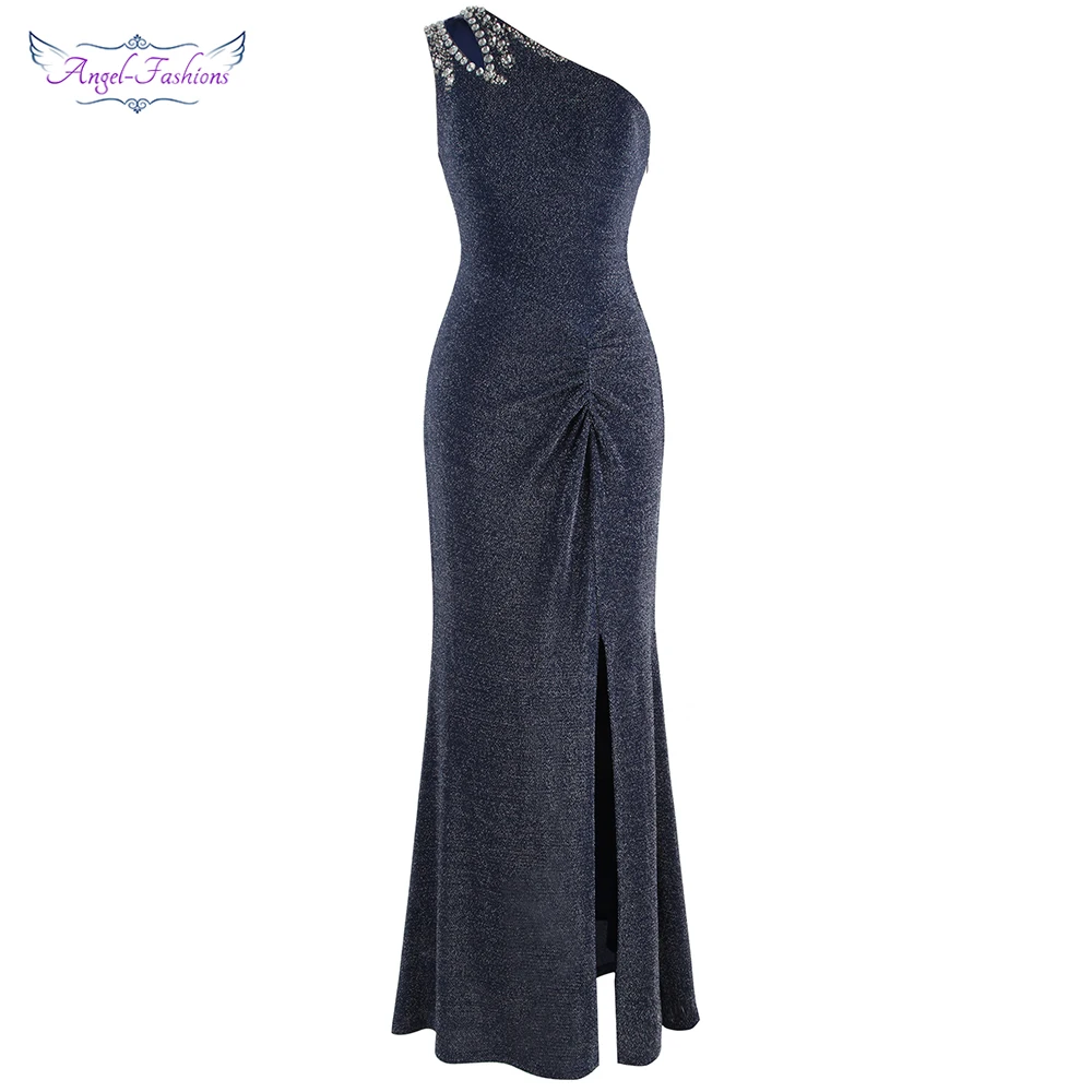 Angel fashions Женское вечернее платье длинное Плиссированное на одно плечо с бусинами