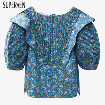 

SuperAen Europe Women Shirts Summer New 2020 Print Ladies Blouses and Tops Short-Sleeved Cotton Fashion Women Clothing