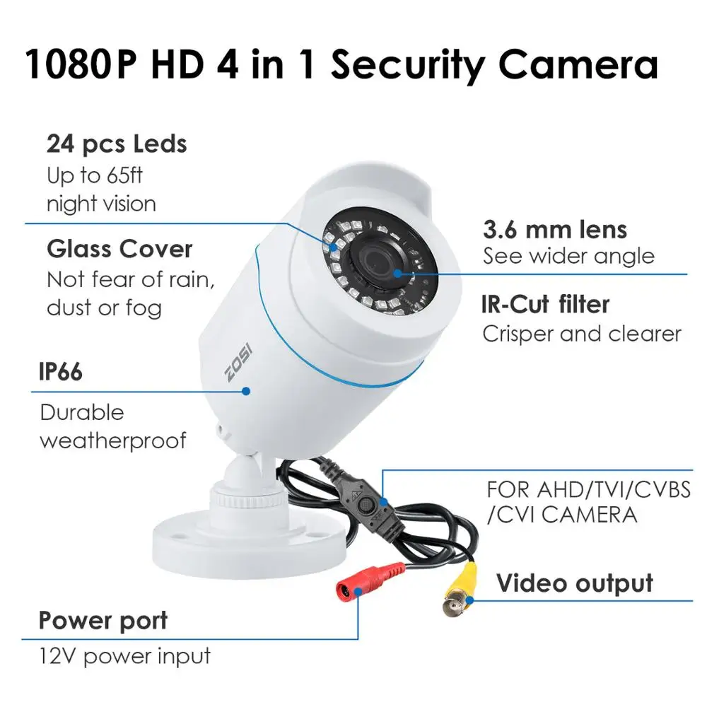 ZOSI 1080P TVI AHD CCTV Водонепроницаемая камера видеонаблюдения для дома аналоговая