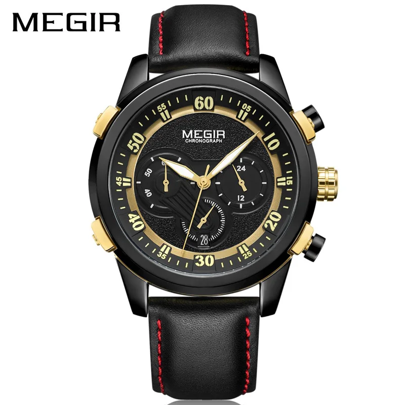 Люксовые часы от бренда MEGIR, Элитный бренд Для мужчин хронограф кожа спортивные часы Для мужчин 24 часов Световой Кварцевые часы для военных мужские часы настенные часы Relogio - Цвет: Black