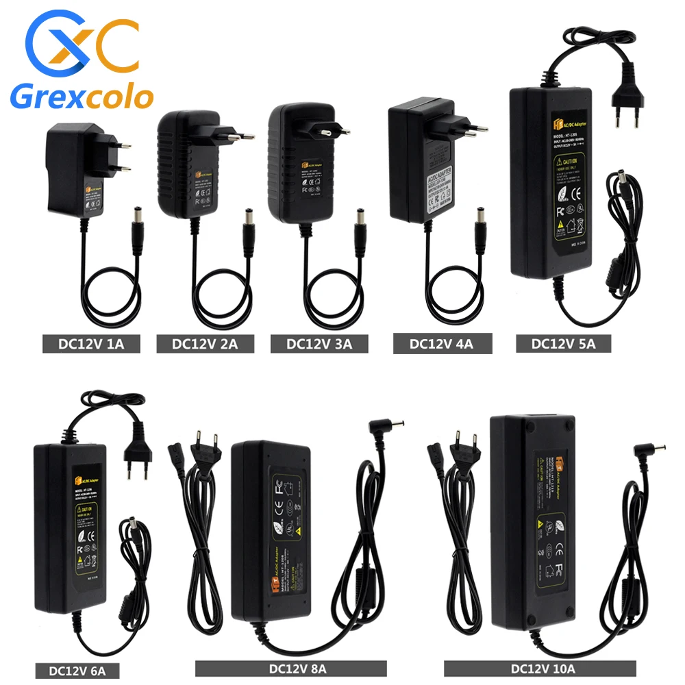 Adaptateur AC100-240V pour bande LED, transformateur d'éclairage, sortie dc 12v 1a 2a 3a 4a 5a 6a 8a 10a, prise EU / US