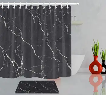 

Creative Black Marble Painting Bathroom Shower Curtain Waterproof Polyester Fabric Bath Curtain Bathing Decor Non-slip Door Mat