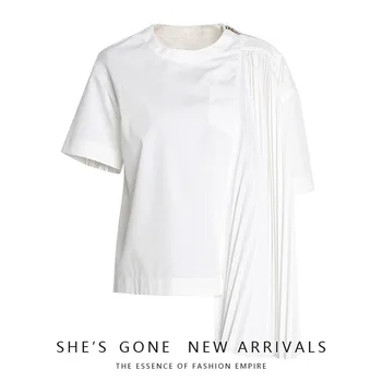 

T Shirt Woman 2019 Niche Designer Ins Asymmetry Split Joint Crimp Ma'am Round Neck Short Sleeve Jacket