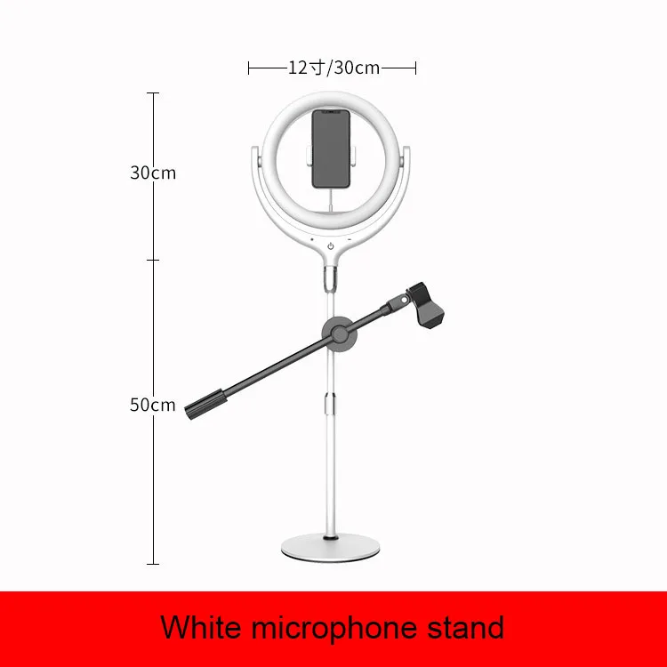 12inch Rotate 360 degrees Dimmable LED Selfie Ring Light ringlight Lamp Video Camera Phone Live Fill Light microphone stand - Color: microphone white