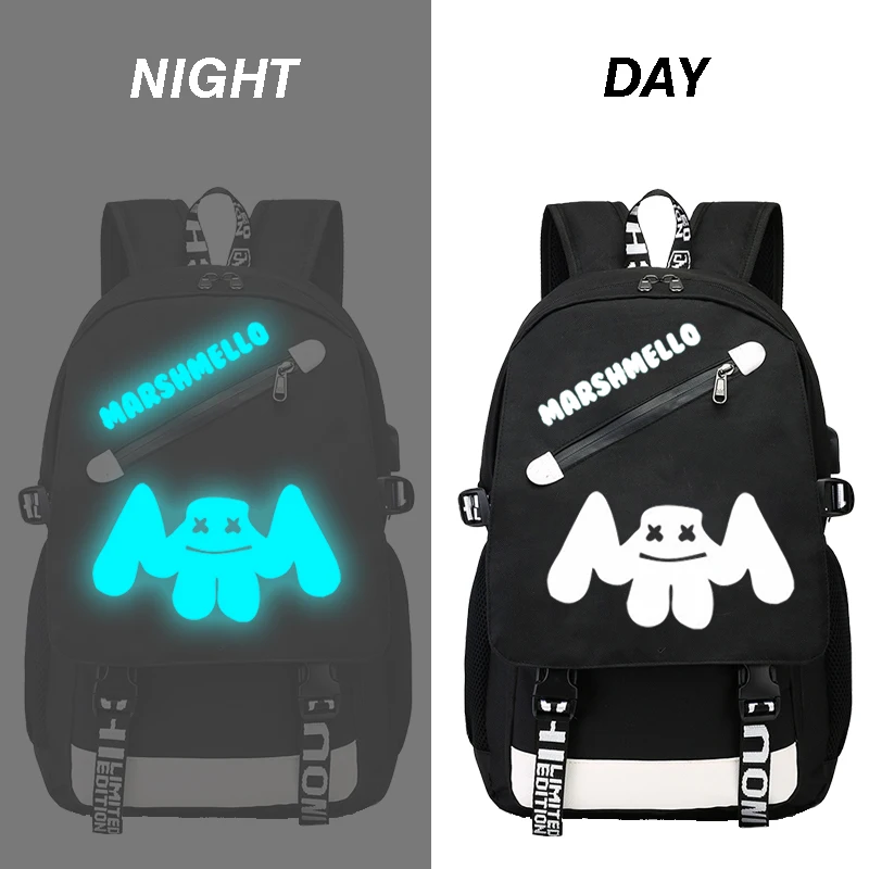 New DJ Marshmellow luminous backpack multifunction USB charging Anti theft for teenagers boys Girls Student School Bag