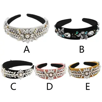 

Baroque Retro Faux Leather Headband Women Bridal Full Rhinestone Flower Leaves Jewelry Hair Hoop Dance Party Banquet Headpiece