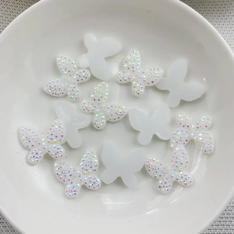 50pcs AB 수지 15*16mm 화려한 나비 플랫 백 라인석 장식품 DIY 웨딩 아플리케 공예-B82