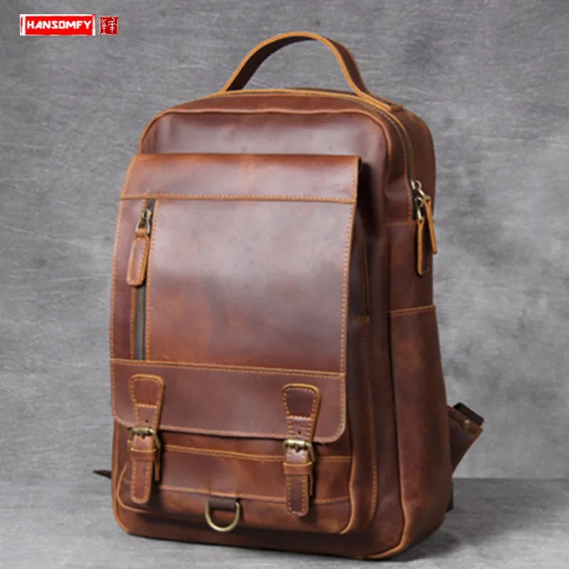 Iswee Retro Crazy Horse Cowhide Leather Backpack Travel Daypack Business Laptop Bag for Men Brown