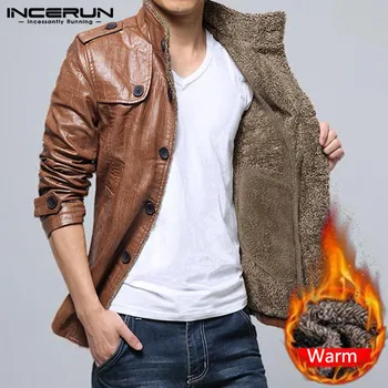 

INCERUN Winter Fashion Men Warm Pure Color Long Sleeve Collar Leather Jackets Casual Slim Fitness Button Mens Windproof Coat 7
