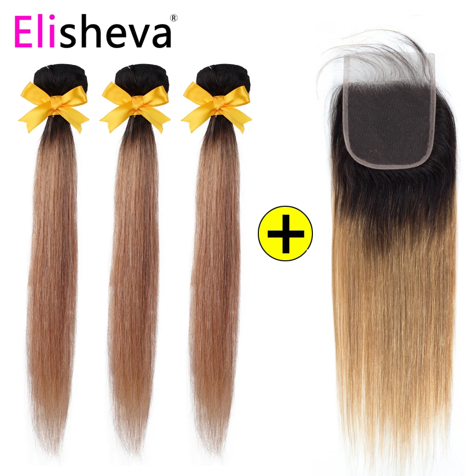 Elisheva Омбре пучки с закрытием 1B/27 блонд малазийские волосы плетение прямые не Remy