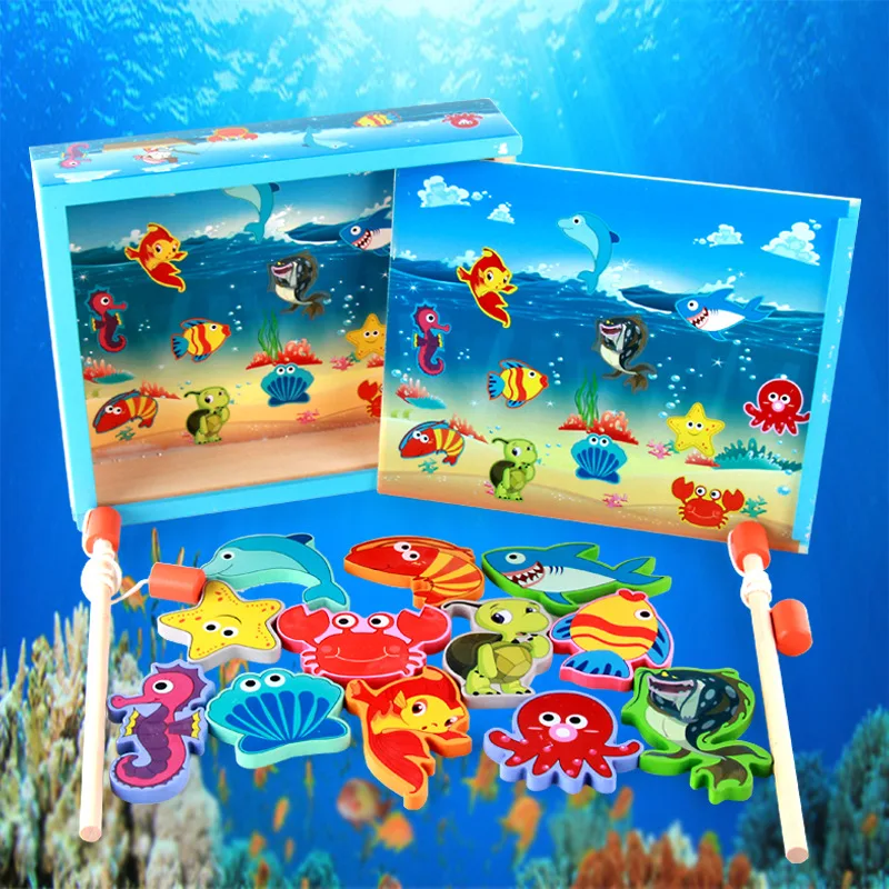 

Wooden Box Children 0-6-Year-Old Magnetic Fishing Educational Wood Fishing Rod Magnet Small Fish Early Education Toy
