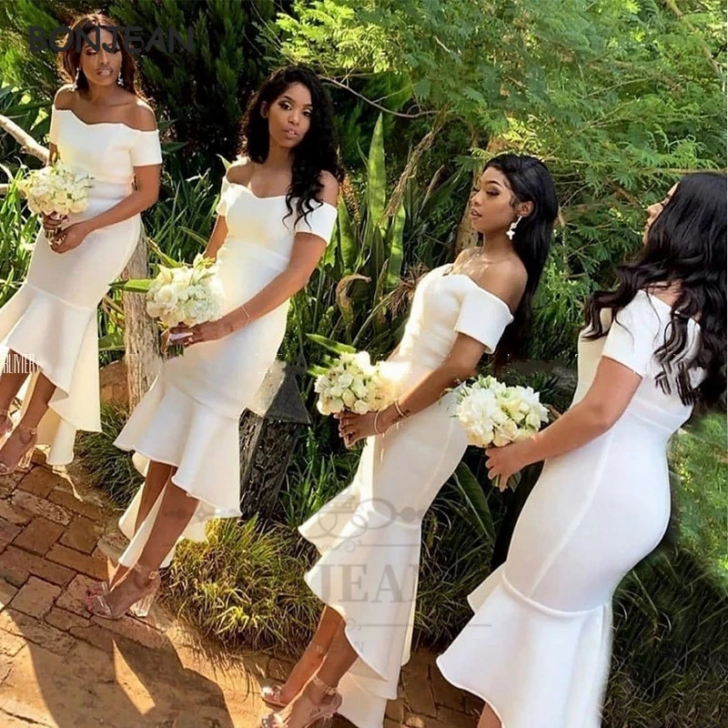 

2021 White Bridesmaid Dresses Mermaid Off-The-Shoulder Elastic Satin South African Tea Length Black Girl Bridesmaid Dress