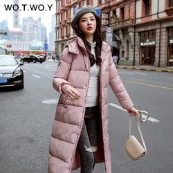 WOTWOY, повседневная женская зимняя куртка, 2019 ребра, рукав, высокая горловина, до середины икры, с капюшоном, женское длинное пальто, с