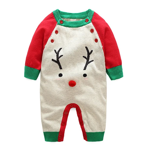 Christmas Toddler Baby Boy Cartoon Elk Jumpsuit Newborn Girl Clothes Long Sleeve Knitted Autumn Winter Warm Jumpsuit Clothes - Цвет: Red