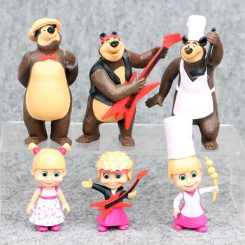 

6pcs/set Russia Masha + Bear action figure Toys Bear Misha Hare Squirrel Hedgehog Figurine Toys for children Birthday gifts