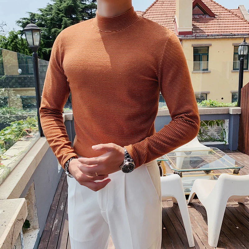 

Orange Pinstripe Turtleneck T Shirts Mens Felted Shirts England Gentleman Bottom Blouses Mens Vintage Elegant Clothing Slim Fit