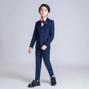 

YuanLu Kids 5PCS Suit For Boy Lattice Blue Blazer Jacket Formal Suit For Wedding British Style Slim Fit set