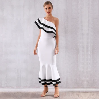 

2019 Mad-Calf Dress Sexy Celebrity Backless Striped Ruffles Women One-Shoulder Sleeveless Night Club Body con Dresses Wholesale