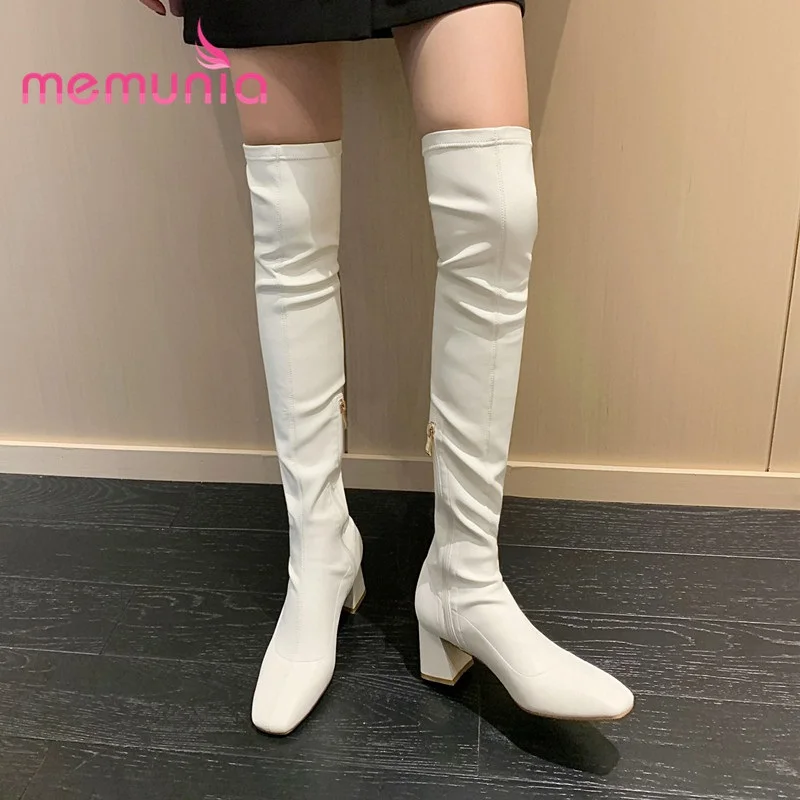 

MEMUNIA Cowhide Shoes Zipper Square Heels Over The Knee Boots Simple Fashion Female Boots Winter Leisure Women Sexy Top Quality