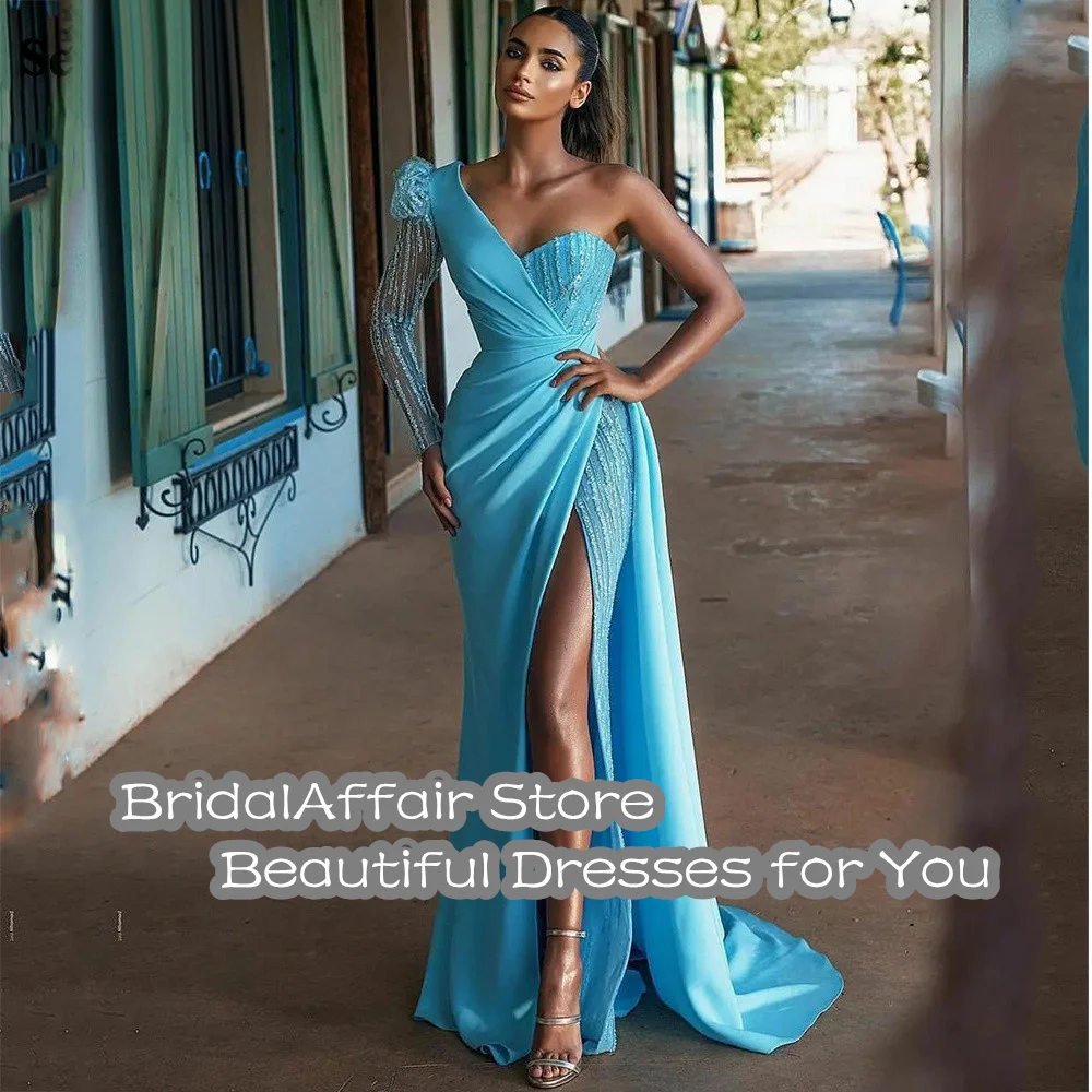 BridalAffair High Side Slide Mermaid Prom Dresses One Shoulder Long Sleeves Sweetheart Evening Dress Party Gown Fashions Outfits mini prom & dance dresses Prom Dresses