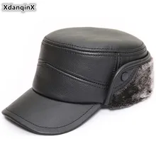 XdanqinX Мужская зимняя шапка среднего возраста толстые теплые натуральные кожаные кепки мужские плоские кепки армейские Кепки из воловьей кожи брендовые кепки s