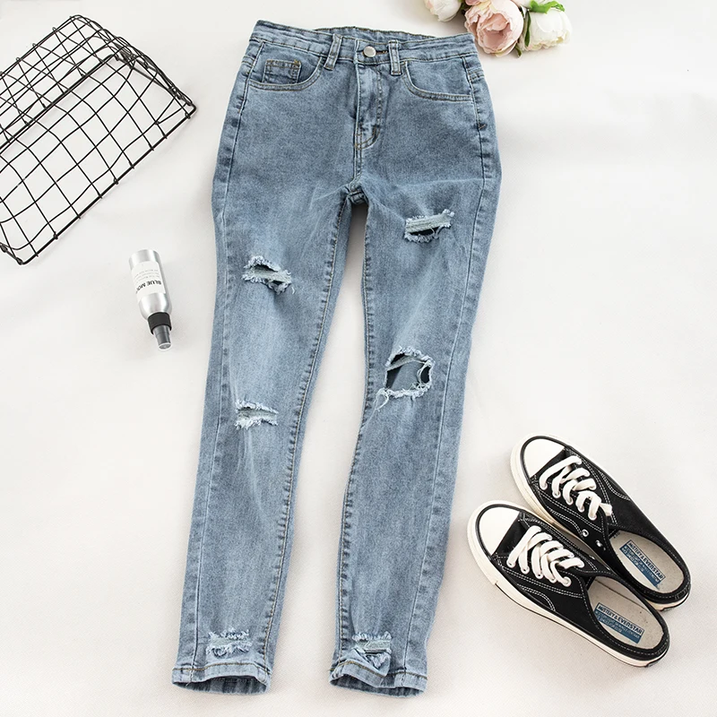 YuooMuoo Новинка Ins модные рваные джинсы для женщин в Корейском стиле нерегулярные узкие брюки осенние женские узкие джинсы с высокой талией