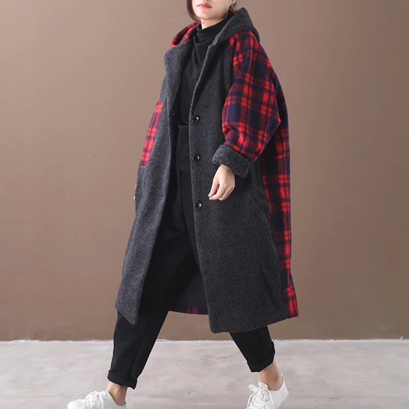 CHICEVER Plaid Hit Color Autumn Winter Coat Women Hooded Long Sleeve Oversize Casual Warm Coats Female 2020 Fashion New Clothes
