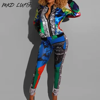 

Multi Printed Women Two Piece Outfits Streetwear Autumn Long Sleeve Pocket Design Zipper Coat Tops & Skinny Pencil Pants Set