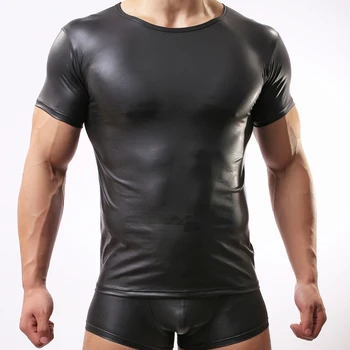 

Men's Elastic Paint Leather T Shirts Men Sexy Fitness Tops Gay T-shirt Tees Mens stage O-Neck Sexy Men Casual Clothes