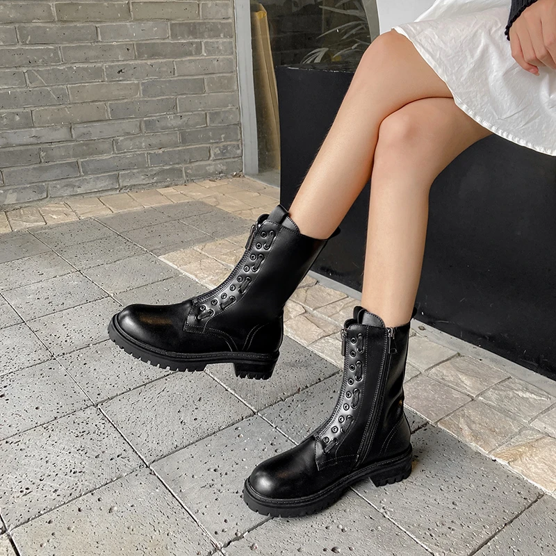 Botas de nieve para mujer, botines bonitos de moto informales combinan con Botines negros de media pantorrilla con cremallera, YMB3|Botas hasta el tobillo| - AliExpress