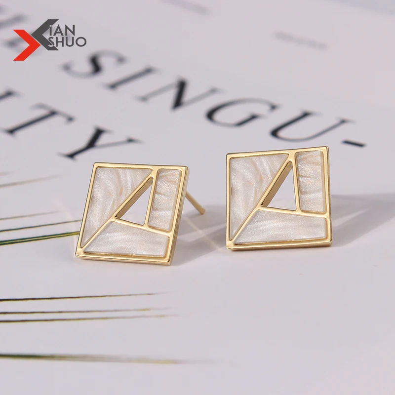 

Hollow Geometric Shell Stud Earrings Gold Metal Round Square Triangle Earrings Women Party Jewelry Oorbellen Dropshipping