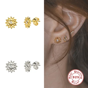 

MARY 2020 Hot Sale 925 100% Sterling Silver Stud Earrings For Women Sunflower Petal Hollow Diamond Women's Silver Stud Earrings