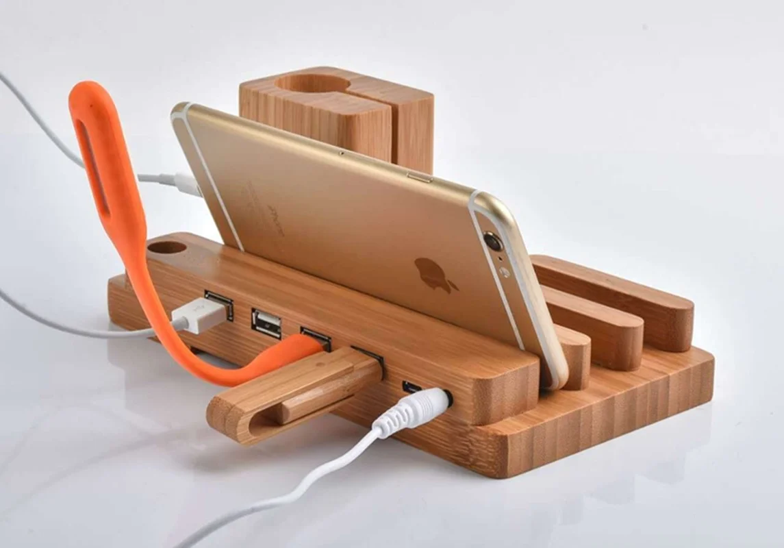4 USB Ports 3 in 1 Phone Watch Disassemble Bracket Charging Dock Stand Station Bamboo Base Charger Holder For Smartphone Tablet 2