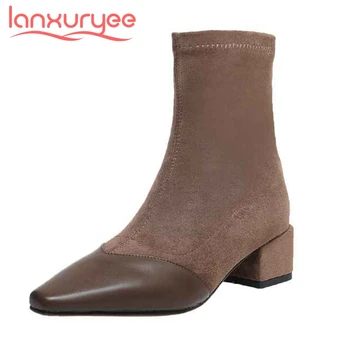

Lanxuryee stretch boots real cow leather mixed cloth square toe thick med heel slip on beauty lady daily wear ankle boots L97