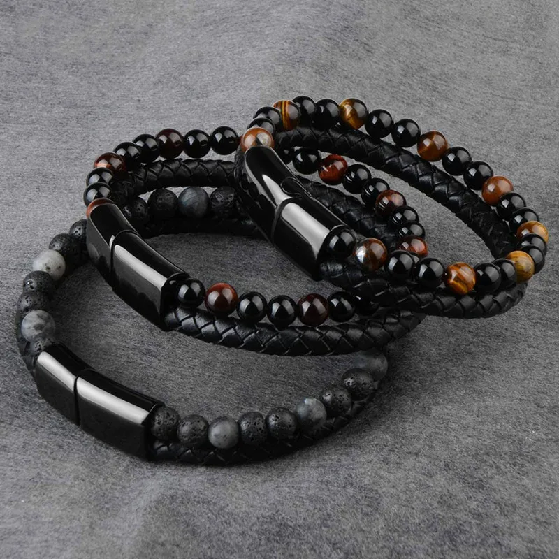 

Natural Stone PU.Genuine Leather Bracelet Adjustable 3 Colors Elastic Fashion Men Jewelry 1Set