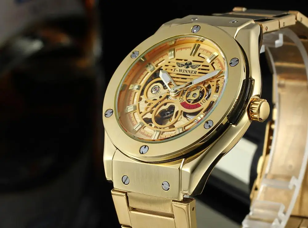 WINNER хип-хоп золотые мужские автоматические механические часы с металлическим ремешком и скелетонным циферблатом Лидирующий бренд роскошный дизайн мужские наручные часы Мужские часы