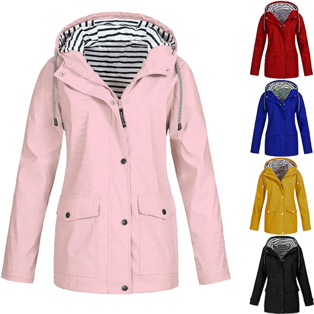 

Solid Rain Jacket Plus Size Womens Coat Waterproof Hooded Raincoat Women Outdoor Windproof Pockets Drawstring Slim Coats Top