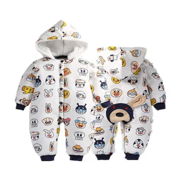 

Winter cotton baby clothes padded quilted warm one-piece hooded cartoon baby girl romper