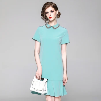 

2020 Women Summer Fashion Dresses Elegant Diamonds Turn-down Collar Short Sleeve Solid Slim Office Lady Ruffles Mermaid Dress