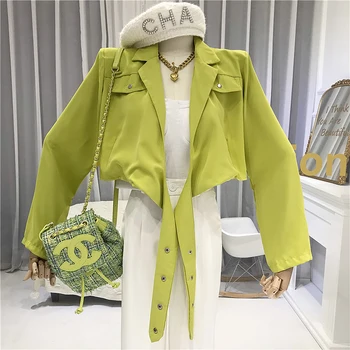 

Women Coats and Jackets Streetwear Lace Up Short Turn-down Collar Open Stitch Short Jacket Women 2020 New Green Gray