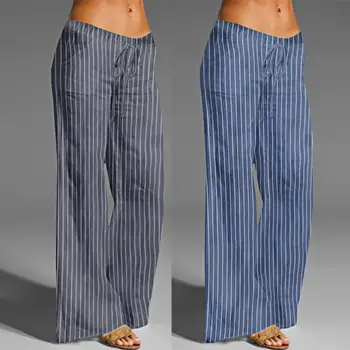 

Celmia Vintage Linen Pants Women Striped Long Palazzo Casual Loose Wide Leg Pants Elastic Waist Trouser Plus Size Pantalon Femme